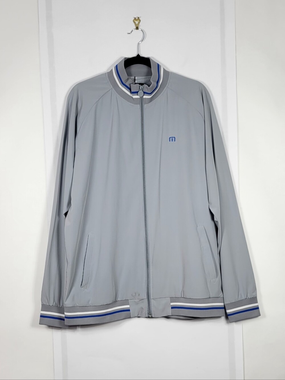 Travis Mathew Light Gray Zip-Front Bomber with Blue Trim #855 Size XL